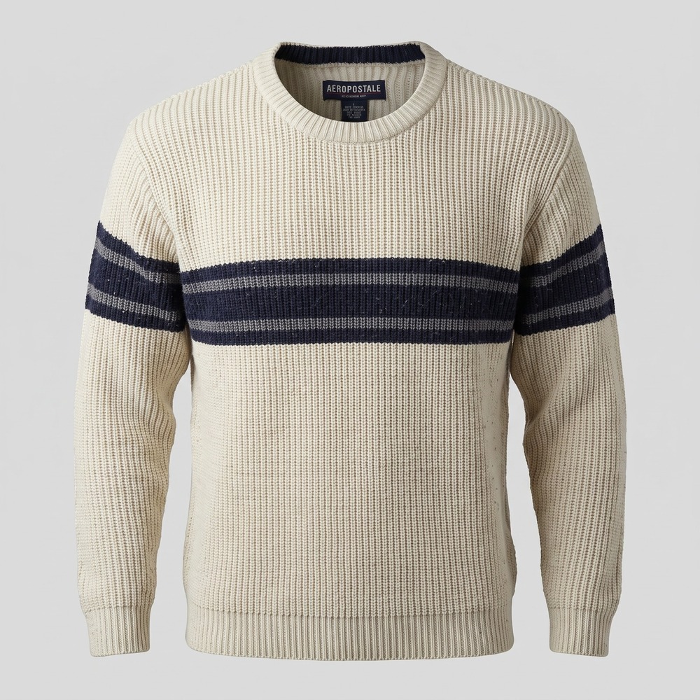 Aeropostale Mens Large Cream Sweater Striped Ribbed Knit Crewneck Long Sleeve